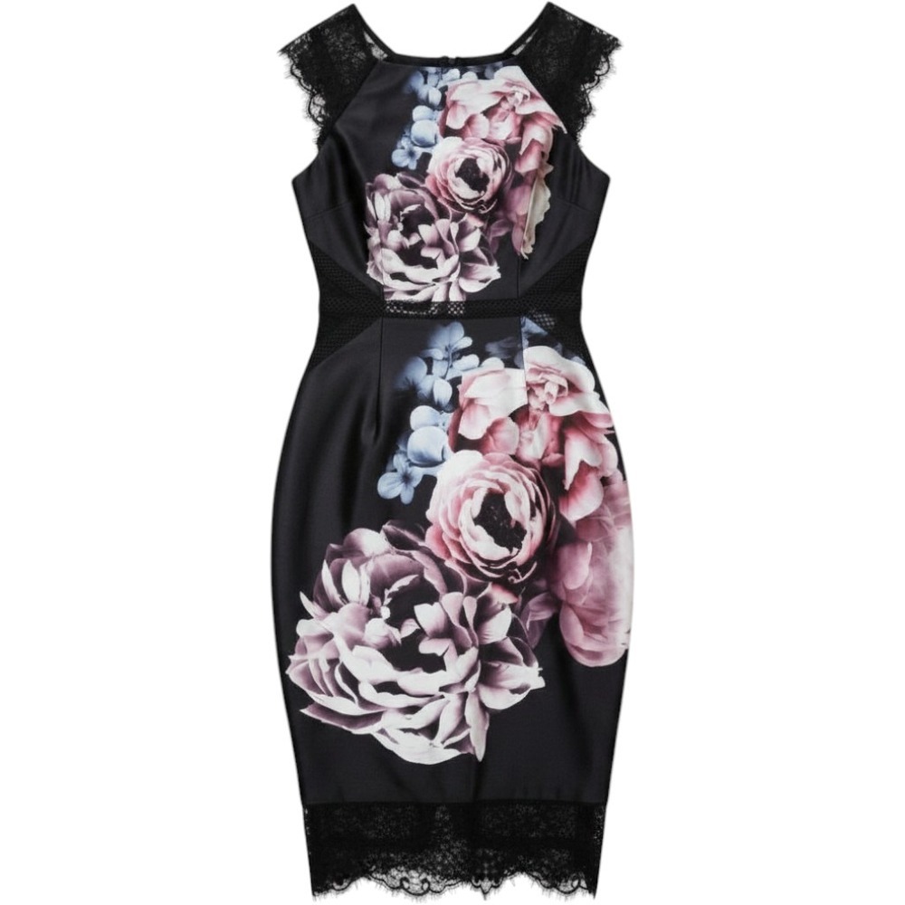 Lipsy VIP Black Floral Satin Lace Trim Bodycon Midi Dress US 4 UK 8 Coquette